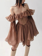 Brown Off Shoulder Long Sleeve Frill Mini Dress