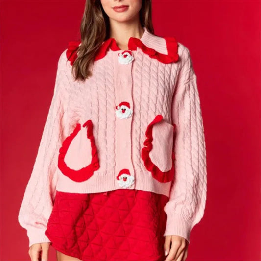 Pink Satin Button Ruffle Pocket Cardigan