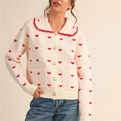 Heart Print Doll Collared Knitted Cardigan