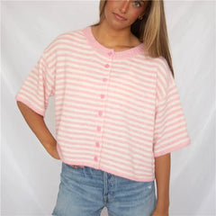 Striped Fuzzy Short Sleeve Round Neck Button Cropped Top
