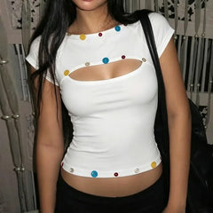 White Cut Out Colourful Button T-Shirt