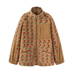 Floral Plush Zipper Pockets Jacket