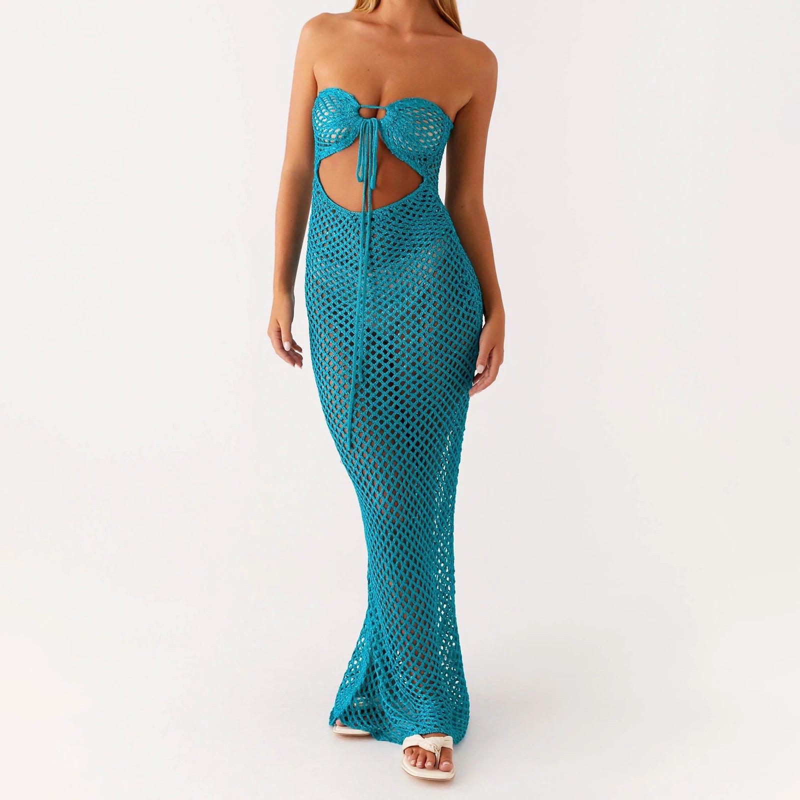 Women's blue knit tie-up front tube dress with slash neck and sheath silhouette.