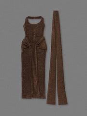 Brown Halter Neck Tie Up Folds With Neck Scarf  Long Dress