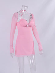Pink Long Sleeve Mesh Bralette Tie Up Mini Dress