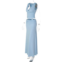 Deep V-Neck Sleeveless Ruched Top And Long Skirt Set