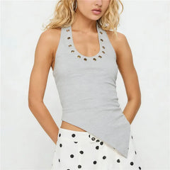 Halter Neck Eyelet Detail Asymmetrical Hem Tank Top
