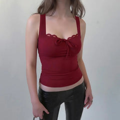 Lace-up Bow Lace Trim Tank Top