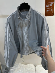 Lace Trim Stand-up Collar Zipper Jacket