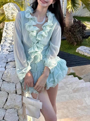 Green Ruffles Tie Up Mesh Top And Skirt Set