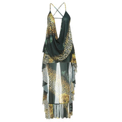 Green Printed Cross Straps Tops And Ruffles Irregular Hem Skirts Set