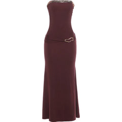 Brown Strapless Sequin Trim Metal Decoration Long Dress