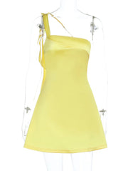Satin One-Shoulder Ribbon Mini Dress
