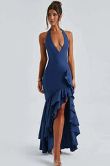 Deep V-neck Ruffles High Split Maxi Dress
