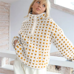 Long Sleeve Stand Collar Checkered Pullover Jacket