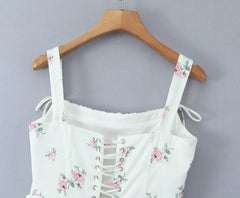 White Floral Print Tie Up Tulle Hem Mini Dress