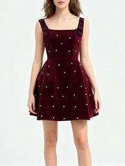 Bowknot Square Neck Sleeveless Beaded Mini Dress