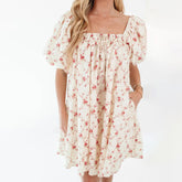 Puff Short Sleeve Floral Loose A-line Dress