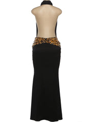 Black Satin Open Back Halter Leopard Sequins Patchwork Maxi Dress