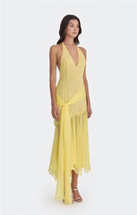 Sheer Halter V Neck Ruffle Pleated Hem Maxi Dress