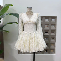 White V-Neck Lace Long Sleeve Flare Mini Dress