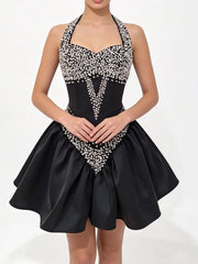 Diamond Beaded Tie-Up Neck A-Line Mini Dress