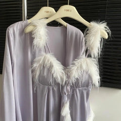 Feather Fur Trim Cami Nightdress And Bathrobe Gown Sleepwear Set