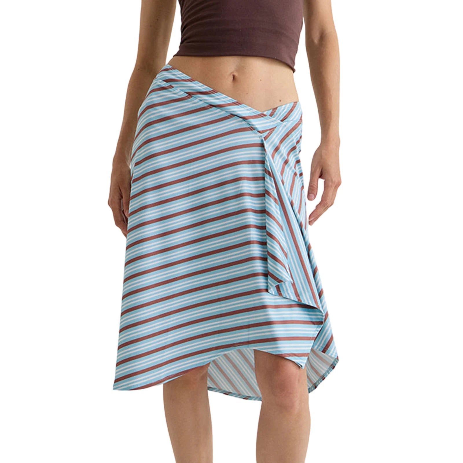 Person wearing a striped blue and brown skirt