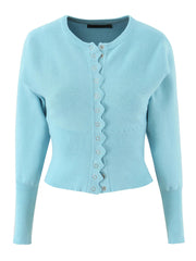 Two Piece O Neck Lantern Sleeve Cardigan And Shorts Set