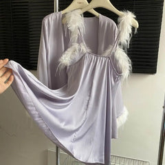 Feather Fur Trim Cami Nightdress And Bathrobe Gown Sleepwear Set