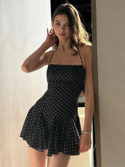 Black Polka Dot Print Halter Strap Mini Dress