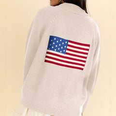 USA Ribbed Button-up Lapel V-Neck Loose Cadigan Flag Print