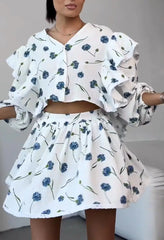 White Printed Ruffle Long Sleeve Shirt And Shorts Set