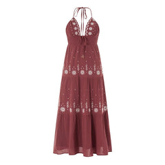 Embroidery Smocked V-Neck Halter Long Dress