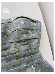 Blue Floral Folds Strapless Mini Dress