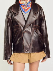 Brown Pu Leather Lapel Button Spliced Pocket Jacket