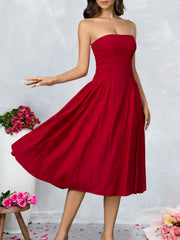 Strapless Solid Flare Red Midi Dress