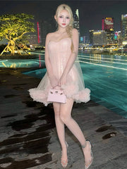 Pink Mesh Sequin Layered Babydoll Mini Dress