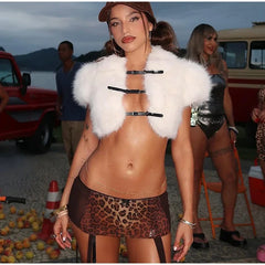 Cropped Faux Fur Lace Up Jacket