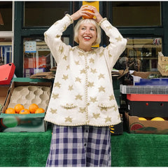 Crew Neck Star Print Knit Cardigan