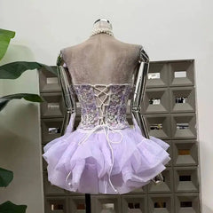 Purple Lace Embroidery Corset Top And Tulle Mini Skirt Set