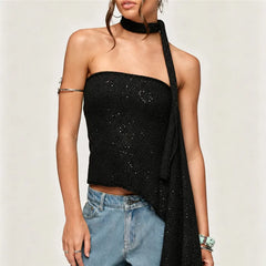 Sequin Knit Tube Top with Long Neck Scarf