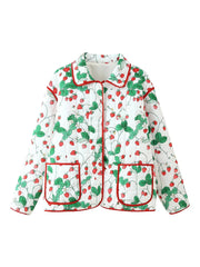 Strawberry Print Lapel Pocket Quilted Jacket