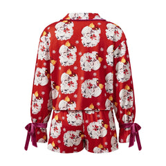 Christmas Long Sleeve Santa Claus Print Top with Elastic Waist Shorts Pajamas Set