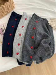 Deep Grey Wool Knitted Heart Buttoned Cardigan