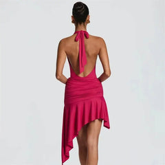 Deep V-Neck Halter Twisted Pleated Waist Irregular Hem Mini Dress