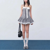 Black Plaid Bow Lace Trim A-line Mini Dress