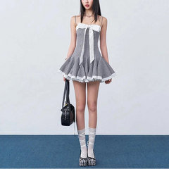Black Plaid Bow Lace Trim A-line Mini Dress