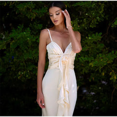 Satin Flowers Ruffles Long Dress