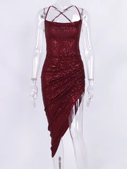 Red Sequin Lace Up Midi Dress